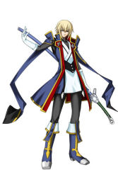 Rule 34 | 1boy, arc system works, blazblue, blazblue: calamity trigger, blonde hair, blue footwear, bodysuit, boots, frown, full body, gloves, green eyes, huge weapon, jacket, kisaragi jin, knee boots, male focus, mori toshimichi, official art, open clothes, open jacket, ribbon, sheath, short hair, simple background, solo, standing, sword, turtleneck, weapon, yukianesa