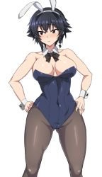 Rule 34 | 10s, 1girl, absurdres, animal ears, black hair, blush, breasts, brown eyes, cleavage, closed mouth, collarbone, covered navel, detached collar, detached sleeves, embarrassed, fake animal ears, girls und panzer, hands on own hips, highres, large breasts, leotard, looking to the side, mordeth, pantyhose, pepperoni (girls und panzer), playboy bunny, rabbit ears, ribbon, shiny skin, short hair, simple background, thighs, white background