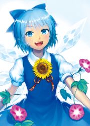 Rule 34 | 1girl, :d, artist name, blue bow, blue dress, blue eyes, blue hair, bow, cirno, commentary request, dress, flower, hair bow, highres, ice, ice wings, kageharu, looking at viewer, morning glory, open mouth, plant, puffy short sleeves, puffy sleeves, revision, short hair, short sleeves, smile, solo, sunflower, tan, tanned cirno, touhou, vines, wings