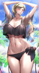 Rule 34 | 1girl, abs, absurdres, armpits, bikini, black bikini, blonde hair, blue eyes, breasts, cleavage, collarbone, day, highres, kantai collection, kome cola, large breasts, looking at viewer, navel, official alternate costume, ponytail, richelieu (kancolle), see-through, side-tie bikini bottom, solo, swimsuit, toned