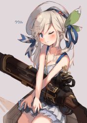 Rule 34 | 1girl, beret, blonde hair, blue eyes, blush, breasts, cleavage, cucouroux (granblue fantasy), dress, eip (pepai), granblue fantasy, gun, hair ribbon, hat, looking at viewer, medium breasts, one eye closed, overskirt, ribbon, rifle, sitting, smile, solo, twintails, weapon
