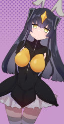 Rule 34 | 1girl, antennae, black dress, black hair, closed mouth, colored inner hair, covered navel, dot mouth, dot nose, dress, empty eyes, grey thighhighs, halftone, highres, long sleeves, looking at viewer, medium hair, miniskirt, multicolored hair, purple background, skirt, solo, standing, striped clothes, striped thighhighs, sumiyao (amam), thighhighs, ultra kaijuu gijinka keikaku, ultra series, white skirt, yellow eyes, zetton