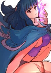 Rule 34 | 1girl, aosora2823, blue hair, breasts, cape, ein (one piece), fire, highres, long hair, medium breasts, one piece, one piece film: z, pink eyes, pink fire, scar, shirt, short shorts, shorts, simple background, solo