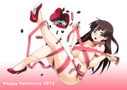 Rule 34 | 10s, 1girl, 2013, :o, blush, box, breasts, brown eyes, brown hair, candy, chocolate, cleavage, earrings, food, full body, fuwari, gift, gradient background, happy valentine, heart, high heels, highres, jewelry, large breasts, legs, long hair, looking at viewer, naked ribbon, navel, nude, open mouth, ren&#039;ai shimasen ka?, ribbon, shoes, solo, star (symbol), star earrings, tachibana midori, tachibana roku, valentine