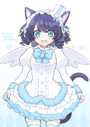 Rule 34 | 1girl, angel wings, animal ears, black hair, blue dress, blue eyes, blue thighhighs, cat ears, cat girl, cat tail, cyan (show by rock!!), dress, fangs, highres, long sleeves, looking at viewer, mel6969, multicolored clothes, multicolored dress, multicolored thighhighs, open mouth, short hair, show by rock!!, smile, solo, tail, thighhighs, wavy hair, white dress, white thighhighs, wings