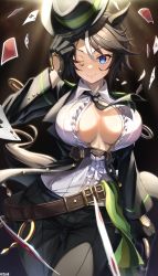 Rule 34 | 1girl, ;), absurdres, ace (playing card), ace of clubs, ace of spades, animal ears, backlighting, belt, black gloves, black hair, black jacket, black pants, blue eyes, blush, breasts, cane, card, center frills, cleavage, closed mouth, club (shape), cowboy shot, fedora, formal, frilled shirt, frills, fuji kiseki (umamusume), gloves, greyscale, hat, highres, holding, holding clothes, holding hat, horse ears, jacket, large breasts, long sleeves, looking at viewer, monochrome, multicolored hair, no bra, one eye closed, open clothes, open jacket, pants, playing card, shirt, short hair, smile, solo, spade (shape), spotlight, streaked hair, suit, thigh gap, two-tone hair, umamusume, underbust, white hair, zzo0