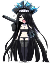 Rule 34 | 10s, 1girl, absurdly long hair, abyssal ship, bikini, black bikini, black thighhighs, blush, breasts, closed eyes, colored skin, full body, hair over one eye, hat, kantai collection, large breasts, long hair, minarai, navel, open mouth, side-tie bikini bottom, simple background, so-class submarine, solo, swimsuit, tears, thighhighs, turret, very long hair, white background, white skin, yawning, zettai ryouiki