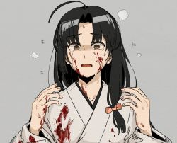 Rule 34 | 1girl, ahoge, black hair, blood, blood on clothes, blood on face, blood on hands, brown eyes, commentary request, crying, crying with eyes open, grey background, hair ribbon, hinata hibari, kantai collection, long hair, ribbon, shouhou (kancolle), side ponytail, teardrop, tears, translation request