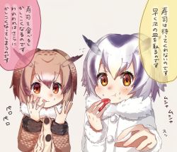 Rule 34 | 10s, 2girls, :t, blush, brown coat, brown hair, coat, eating, eurasian eagle owl (kemono friends), flying sweatdrops, food, food on face, fur collar, hair between eyes, head wings, holding, holding food, kemono friends, kurone (nano 070), long sleeves, looking at viewer, multicolored hair, multiple girls, northern white-faced owl (kemono friends), reaching, reaching towards viewer, red eyes, rice, rice on face, short hair, speech bubble, sushi, tongue, tongue out, tuna, upper body, white coat, white hair, wings, yellow eyes