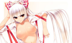 Rule 34 | &gt;:|, 1girl, :|, blunt bangs, blush, bow, breasts, breasts apart, breasts out, buttons, closed mouth, collarbone, dragonmaterial, dress shirt, dutch angle, female focus, fujiwara no mokou, hair bow, hair ribbon, hand on own head, highres, hime cut, large breasts, lips, long hair, looking at viewer, navel, nipples, no bra, open clothes, open shirt, ponytail, red eyes, ribbon, shiny skin, shirt, simple background, sitting, sleeves rolled up, solo, straight hair, suspenders, touhou, upper body, v-shaped eyebrows, very long hair, white background, white hair