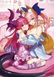 Rule 34 | 2girls, animal ear fluff, animal ears, bed, blue eyes, blush, breasts, elizabeth bathory (fate), elizabeth bathory (fate/extra ccc), fate/extra, fate/extra ccc, fate (series), fox ears, fox girl, fox tail, highres, horns, hug, kneehighs, large breasts, lizard tail, looking away, matou shinji, multiple girls, one eye closed, pajamas, pillow, pink hair, reptile girl, ribbon, small breasts, socks, stuffed toy, tail, tamamo (fate), tamamo no mae (fate/extra), thick eyebrows, thighhighs, twintails, unbuttoned, unbuttoned shirt, wada arco, yellow eyes
