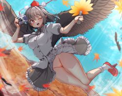 Rule 34 | 1girl, autumn leaves, breasts, buttons, calpish, camera, censored, cloud, falling leaves, female focus, hand fan, large breasts, leaf, no panties, outdoors, red eyes, shameimaru aya, shoes, skirt, sky, solo, touhou, wind, wind lift, wings