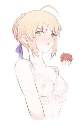 Rule 34 | 1boy, 1girl, :o, ahoge, artoria pendragon (all), artoria pendragon (fate), bare shoulders, blonde hair, blue ribbon, blush, bra, breasts, brown hair, commentary request, embarrassed, emiya shirou, fate/stay night, fate (series), green eyes, hair ornament, hair ribbon, highres, long hair, looking at viewer, nipples, open mouth, ribbon, saber (fate), see-through, sidelocks, simple background, small breasts, solo focus, suzuakks, underwear, upper body, white background, white bra
