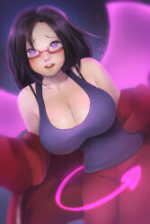 1girl black_hair blush breasts cleavage glasses highres large_breasts looking_at_viewer meltyvixen parted_lips purple_eyes satou_sakie solo tank_top