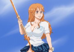 Rule 34 | 1girl, alshishou, animated, animated gif, ass, blue skirt, blush, breasts, cleavage, female focus, gluteal fold, large breasts, lips, nami (one piece), one piece, pussy, pussy juice, skirt, solo, tagme, thick thighs, thighs, toei animation, weapon