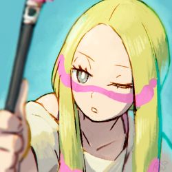 Rule 34 | 1girl, aiming, bare shoulders, blonde hair, blue background, blurry, blurry foreground, close-up, commentary request, creatures (company), depth of field, facepaint, game freak, grey eyes, long hair, mina (pokemon), nintendo, off shoulder, one eye closed, parted lips, pokemon, pokemon sm, reiesu (reis), shirt, solo, white shirt