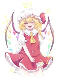 Rule 34 | 1girl, ascot, closed eyes, collared shirt, cowboy shot, facing viewer, fangs, flandre scarlet, frilled shirt collar, frilled skirt, frilled sleeves, frills, hair between eyes, hat, hat ribbon, highres, mob cap, multicolored wings, open mouth, puffy short sleeves, puffy sleeves, red ribbon, red skirt, red vest, ribbon, ribbon-trimmed headwear, ribbon trim, sacchan happy, shirt, short sleeves, simple background, skirt, skirt set, solo, teeth, touhou, v-shaped eyebrows, vest, white background, white hat, white shirt, wings, yellow ascot