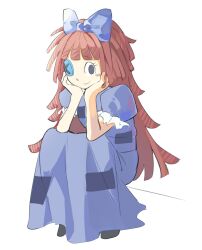 Rule 34 | 1girl, black eyes, black footwear, blue bow, blue dress, blush stickers, bow, button eyes, buttons, closed mouth, commentary request, dress, full body, gumago76, hair bow, hands on own chin, head rest, highres, korean commentary, long hair, patch, puffy short sleeves, puffy sleeves, ragatha (the amazing digital circus), short sleeves, simple background, sitting, smile, solo, the amazing digital circus, triangle nose, white background