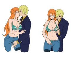 Rule 34 | absurdres, blonde hair, breasts, highres, kiss, large breasts, nami (one piece), one piece, orange hair, sanji (one piece), simple background, witeak