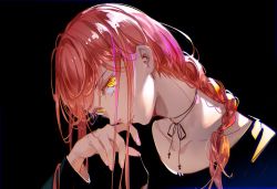 Rule 34 | 1girl, black background, blonde hair, braid, braided ponytail, chainsaw man, highres, long hair, looking at viewer, makima (chainsaw man), pink hair, ringed eyes, simple background, smile, solo, tidsean