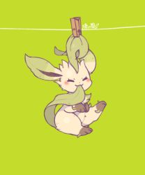 Rule 34 | ^ ^, biting, biting own tail, blush, closed eyes, clothes pin, clothesline, creatures (company), full body, game freak, gen 4 pokemon, green background, green theme, hanging, leafeon, looking at viewer, lovewolf5122, mouth hold, nintendo, no humans, pokemon, pokemon (creature), simple background, solo, tail, tail biting