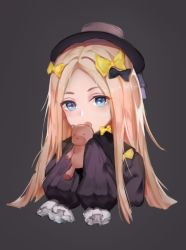 Rule 34 | 1girl, abigail williams (fate), black bow, black dress, black hat, blonde hair, blue eyes, bow, commentary, covered mouth, dress, even (even yiwen), fate/grand order, fate (series), forehead, grey background, hair bow, hat, highres, holding, holding stuffed toy, long hair, long sleeves, looking at viewer, parted bangs, polka dot, polka dot bow, simple background, sleeves past fingers, sleeves past wrists, solo, stuffed animal, stuffed toy, teddy bear, very long hair, yellow bow
