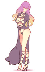 Rule 34 | 1girl, ass, bad id, bad pixiv id, black dress, blonde hair, breasts, cleavage, clothing aside, collar, commentary request, cross-laced clothes, cross-laced footwear, crossed legs, dress, dress aside, frilled collar, frills, full body, gradient hair, high heels, highres, hijiri byakuren, juliet sleeves, large breasts, long hair, long sleeves, looking at viewer, multicolored hair, navel, no bra, no shirt, non (z-art), orange eyes, panties, pink eyes, puffy sleeves, purple hair, simple background, skirt hold, solo, strappy heels, string panties, touhou, two-tone hair, underwear, watson cross, wavy hair, white background