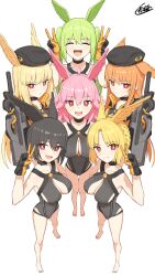 6+girls ahoge bare_shoulders black_hair black_hat blonde_hair breasts bullpup collarbone fate/grand_order fate_(series) feathered_wings geirskogul_(fate) gloves green_hair gun hat head_wings highres hildr_(fate) holding holding_gun holding_weapon kamo_ashi large_breasts multiple_girls olrun_(fate) open_mouth orange_hair ortlinde_(fate) p90 personal_defense_weapon red_eyes rindr_(fate) siblings signature sisters smile submachine_gun thrud_(fate) v valkyrie_(fate) weapon wings