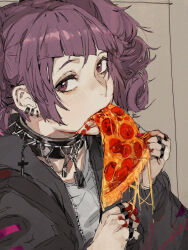 Rule 34 | 1girl, black collar, black jacket, cheese trail, collar, earrings, eating, food, grey background, hands up, hiranko, holding, holding food, holding pizza, idolmaster, idolmaster shiny colors, jacket, jewelry, looking at viewer, pepperoni, pizza, pizza slice, portrait, purple eyes, purple hair, ring, solo, tanaka mamimi