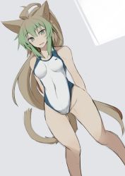 Rule 34 | 1girl, ahoge, animal ear fluff, animal ears, arms behind back, atalanta (fate), blonde hair, breasts, cat ears, cat tail, competition swimsuit, fate/grand order, fate (series), green eyes, green hair, grey background, groin, groin tendon, long hair, multicolored hair, nahu, one-piece swimsuit, sketch, small breasts, solo, swimsuit, tail