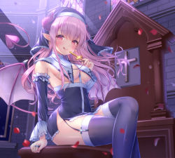 Rule 34 | 1girl, :q, blush, breast curtains, breasts, cross, cross necklace, crossed legs, demon girl, demon horns, demon tail, demon wings, detached sleeves, earrings, garter straps, habit, highres, holding, holding jewelry, holding necklace, horns, jewelry, large breasts, long hair, looking at viewer, mole, mole on breast, multiple rings, necklace, nun, original, pink eyes, pink hair, pointy ears, ring, sidelocks, sitting, skirt, smile, solo, tail, thighhighs, tongue, tongue out, wings, yuyuko (yuyucocco)