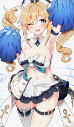 Rule 34 | 1girl, ;d, adapted costume, arm up, armband, armpits, bandeau, barbara (genshin impact), bare shoulders, blonde hair, blue eyes, book, bow, breasts, cheerleader, cleavage, commentary, cowboy shot, detached collar, frilled skirt, frills, genshin impact, grimoire, hair ornament, hat, holding, large breasts, long hair, looking at viewer, midriff, miniskirt, navel, one eye closed, open mouth, pleated skirt, pom pom (cheerleading), sidelocks, simple background, single thighhigh, skindentation, skirt, smile, solo, standing, strapless, sweat, symbol-only commentary, thigh strap, thighhighs, thighs, tube top, twintails, vision (genshin impact), w.k, wavy hair, white background, white bow, white hat, white skirt, white thighhighs