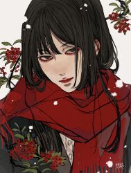 Rule 34 | 1girl, black hair, branch, closed mouth, enpera, food, fruit, highres, kagoya1219, leaf, long hair, looking at viewer, original, red scarf, scarf, signature, simple background, solo, upper body, white background