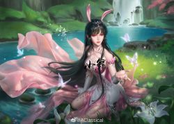 Rule 34 | 1girl, absurdres, aclassical, animal ears, bare legs, black hair, censored, censored by text, closed mouth, douluo dalu, flower, grass, hair ornament, high heels, highres, long hair, moss, nature, outdoors, outstretched hand, petals, rabbit ears, rock, sitting, solo, water, waterfall, white flower, xiao wu (douluo dalu)