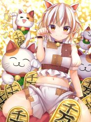 Rule 34 | 1girl, :3, absurdres, animal ears, brown eyes, brown hair, calico, cat ears, clenched hand, closed mouth, coin, goutokuji mike, highres, looking at viewer, maneki-neko, multicolored clothes, multicolored hair, multicolored shirt, multicolored shorts, navel, puffy short sleeves, puffy sleeves, short hair, short sleeves, shorts, sitting, smile, solo, streaked hair, suigetsu (watermoon-910), touhou, white hair