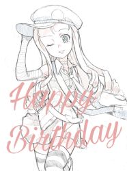 Rule 34 | 1girl, alternate costume, bag, bandaged arm, bandages, belt, blouse, cabbie hat, carrying, choker, collared shirt, colored pencil (medium), commentary, cursive, drill hair, english text, girls und panzer, happy birthday, hat, highres, idol, kayabakoro, long hair, looking at viewer, marie (girls und panzer), miniskirt, muted color, name connection, necktie, one eye closed, pleated skirt, satchel, shirt, sideways hat, sketch, skirt, sleeveless, sleeveless shirt, solo, standing, striped clothes, striped thighhighs, thighhighs, traditional media, unfinished