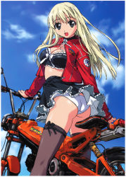 Rule 34 | 1girl, absurdres, aqua eyes, ass, black skirt, blonde hair, breasts, character request, cleavage, day, highres, jacket, lace, lace-trimmed skirt, lace trim, long hair, long sleeves, looking at viewer, medium breasts, midriff, miniskirt, motor vehicle, motorcycle, open clothes, open jacket, open mouth, original, outdoors, panties, pantyshot, skirt, sky, solo, takamura kazuhiro, thighhighs, twisted torso, underwear, upskirt, vehicle, white panties