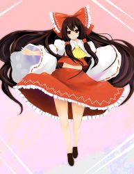 Rule 34 | 1girl, bad id, bad pixiv id, bow, brown hair, detached sleeves, female focus, full body, gradient background, hakurei reimu, highres, japanese clothes, kaneru, long hair, miko, red eyes, skirt, solo, touhou