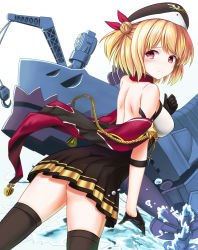 Rule 34 | 1girl, ass, azur lane, back, backless outfit, bare shoulders, black gloves, black skirt, black thighhighs, blonde hair, breasts, closed mouth, commentary request, crane (machine), detached collar, gloves, hair bun, hat, highres, leipzig (azur lane), looking at viewer, looking back, no panties, off shoulder, one side up, pleated skirt, red eyes, rigging, short hair, shoulder blades, sidelocks, single hair bun, skirt, solo, tearing up, thighhighs, tokisaka ena