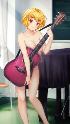 Rule 34 | 1girl, :3, blonde hair, breasts, chalkboard, cleavage, closed mouth, collarbone, completely nude, covering crotch, covering nipples, covering privates, doukyuusei another world, game cg, groin, hair intakes, holding, holding instrument, horiide mika, indoors, instrument, kakyuusei 2, large breasts, nude, official art, red eyes, short hair, solo, standing