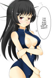 Rule 34 | 10s, 1girl, black hair, blush, breasts, choukai (kancolle), cleavage, competition swimsuit, covered erect nipples, female focus, flying sweatdrops, front zipper swimsuit, gagerabut, glasses, hard-translated, headgear, highres, kantai collection, large breasts, long hair, looking at viewer, meme attire, one-piece swimsuit, red eyes, simple background, solo, swimsuit, third-party edit, thought bubble, translated, upper body, white background