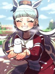 Rule 34 | 1girl, absurdres, blunt bangs, blurry, blurry background, blush, bow, breath, closed eyes, cloud, ear bow, facing viewer, gintama, gold ship (umamusume), grey hair, grin, hands up, highres, horse girl, horse tail, jacket, justaway, long hair, open mouth, outdoors, pants, pillbox hat, red jacket, red pants, smile, snow, snowman, solo, standing, tail, track jacket, umamusume, upper body, yamamoto bc