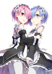 Rule 34 | 10s, 2girls, :o, apron, black dress, blue eyes, blue hair, blue ribbon, bow, breasts, chestnut mouth, cowboy shot, detached sleeves, dress, eyebrows, eyes visible through hair, frills, from side, hair ornament, hair over one eye, hair ribbon, hairband, hairclip, heads together, highres, long sleeves, looking at viewer, mafu9, maid, matching hair/eyes, medium breasts, multiple girls, pantyhose, parted lips, pink hair, puffy long sleeves, puffy sleeves, ram (re:zero), re:zero kara hajimeru isekai seikatsu, red eyes, rem (re:zero), ribbon, ribbon-trimmed sleeves, ribbon trim, short hair, siblings, simple background, sisters, small breasts, smile, twins, white apron, white background, white bow, white legwear, x hair ornament