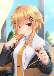 Rule 34 | 1girl, ahoge, black jacket, blonde hair, blurry, blurry background, blush, book, breasts, cellphone, chair, closed mouth, collared shirt, commentary request, curtains, day, depth of field, desk, earphones, fingernails, hair ornament, hair over one eye, hairclip, highres, holding, holding earphones, holding phone, hood, hood down, hooded jacket, indoors, jacket, komori kuzuyu, long sleeves, looking at viewer, nao (kuzuya), nao (kuzuyu), necktie, on chair, open clothes, open jacket, orange necktie, original, phone, school chair, school desk, shirt, sidelocks, sitting, small breasts, smile, solo, tie clip, upper body, white shirt, window, x hair ornament
