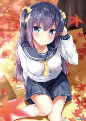 Rule 34 | 1girl, arm support, artist name, autumn, autumn leaves, blue eyes, blue hair, blue sailor collar, blue skirt, blurry, blush, bokeh, book, breasts, closed mouth, collarbone, day, depth of field, hair between eyes, hair ribbon, hand up, karutamo, kneehighs, large breasts, leaf, long hair, long sleeves, looking at viewer, maple leaf, miniskirt, necktie, original, pleated skirt, rakugaki-chan, ribbon, sailor collar, school uniform, serafuku, shirt, short necktie, sidelocks, sitting, skirt, smile, socks, solo, sunlight, taut clothes, taut shirt, tree, two side up, white shirt, white socks, yellow necktie, yellow ribbon