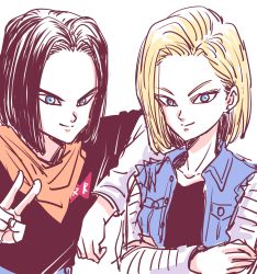 Rule 34 | 1boy, 1girl, absurdres, android 17, android 18, arm on another&#039;s shoulder, arm support, bandana, black hair, black shirt, blonde hair, blue eyes, brother and sister, commentary request, crossed arms, denim, denim jacket, dragon ball, dragonball z, eyelashes, fingernails, highres, jacket, long sleeves, miiko (drops7), neckerchief, orange bandana, orange neckerchief, red ribbon army, shirt, short hair, siblings, simple background, smile, straight hair, twins, upper body, v, waistcoat, white background