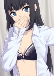 Rule 34 | 1girl, absurdres, black bra, black hair, blue eyes, bra, breasts, cleavage, collarbone, collared shirt, commentary request, covering own mouth, dress shirt, grey background, highres, long hair, long sleeves, looking at viewer, mole, mole under eye, navel, ochiai miyabi, open clothes, open shirt, original, shirt, sleeves past wrists, small breasts, unbuttoned, unbuttoned shirt, underwear, upper body, white shirt