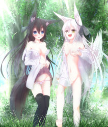 Rule 34 | 2girls, animal ears, bad id, bad pixiv id, barefoot, black hair, blue eyes, blush, bow, breasts, censored, clothes lift, convenient censoring, fang, feet, fox ears, fox tail, grass, hand on own chest, highres, long hair, medium breasts, multiple girls, nagishiro mito, naked shirt, navel, no bra, no panties, open mouth, original, panties, panty pull, pleated skirt, ribbon, shirt, skirt, skirt lift, slit pupils, small breasts, smile, sunlight, tail, thigh gap, thighhighs, toes, tree, underwear, very long hair, white hair, white panties, yellow eyes