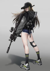 Rule 34 | 1girl, ass, assault rifle, baseball cap, black gloves, black hat, black jacket, black socks, blue shorts, brown eyes, brown hair, closed mouth, dolphin shorts, floating hair, from behind, full body, girls&#039; frontline, gloves, gradient background, grey background, gun, hat, holding, holding gun, holding weapon, hood, hood down, hooded jacket, jacket, knapsack, knee pads, long hair, long sleeves, looking at viewer, looking back, m2 (guvn5745), m4 carbine, m4a1 (girls&#039; frontline), multicolored hair, name connection, object namesake, rifle, scope, shadow, shoes, short shorts, shorts, sneakers, socks, solo, standing, streaked hair, thighs, weapon