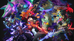 Rule 34 | 4girls, 5boys, abs, animal, animal ears, black background, black jacket, blonde hair, brown hair, claws, clenched teeth, closed mouth, collarbone, colored skin, cropped jacket, dark-skinned male, dark skin, dress, evelynn (league of legends), eyepatch, feet out of frame, fingerless gloves, gloves, glowing skin, green skin, grin, gun, gwen (league of legends), highres, holding, holding gun, holding weapon, jacket, jacket on shoulders, jhin, league of legends, long hair, long sleeves, looking at viewer, lux (league of legends), mask, midriff, miniskirt, multicolored clothes, multicolored hair, multicolored jacket, multiple boys, multiple girls, muscular, muscular male, naafiri, navel, open clothes, open jacket, pants, pleated skirt, purple jacket, pyke (league of legends), red gloves, red hair, red jacket, red lips, red skin, samira, sett (league of legends), shaco, sharp teeth, short hair, skirt, smile, soul fighter (league of legends), soul fighter evelynn, soul fighter gwen, soul fighter jhin, soul fighter lux, soul fighter naafiri, soul fighter pyke, soul fighter samira, soul fighter sett, soul fighter shaco, soul fighter viego, staff, stomach, teeth, two-tone jacket, viego (league of legends), weapon, wings, wolf, yellow jacket